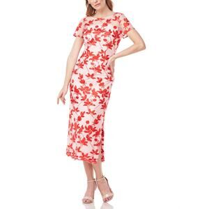 JS Collections Denise Column Tea Length Dress Floral Poppy Red Womens Size 10